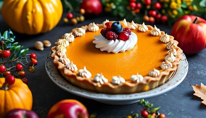 Colorful pumpkin pie decorated with fresh fruit and cream, a delicious dessert for festivals and parties.