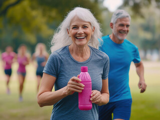 Poster - A group of happy senior people walking and jogging in the park, holding water bottles with sports drink in their hands