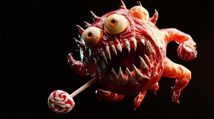 Canvas Print - Red Monster with Sharp Teeth Holding a Lollipop