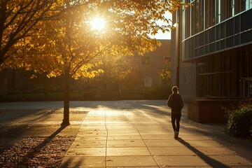 Wall Mural - A student walks to class in the early morning, with the campus bathed in soft