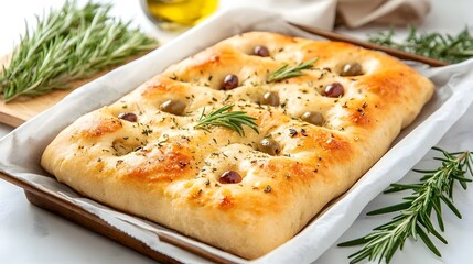 Freshly Baked Italian Focaccia with Aromatic Rosemary and Olives on Parchment Lined Tray