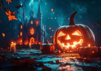 Halloween background with pumpkins, candles, castle sence. Spooky dark night scene. Halloween concept for design, splash art