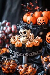 Wall Mural - Delicious halloween-themed desserts are arranged on a table with a black tablecloth