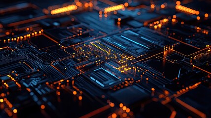 Poster - Illuminated Circuit Board with Orange and Blue Lights