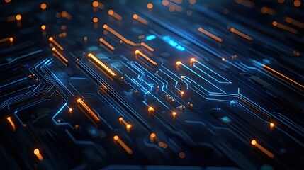 Poster - Abstract Circuit Board with Glowing Lines and Orange Dots