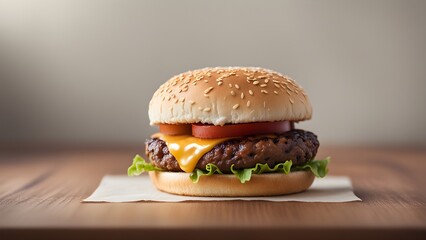 Wall Mural - A hamburger with cheese and tomato on a bun