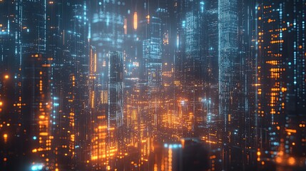 Poster - Futuristic Cityscape with Glowing Lights and Digital Patterns