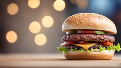 Wall Mural - A large hamburger with lettuce and tomato on top of a wooden table