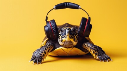 Turtle with headphones on yellow background. ai generated image