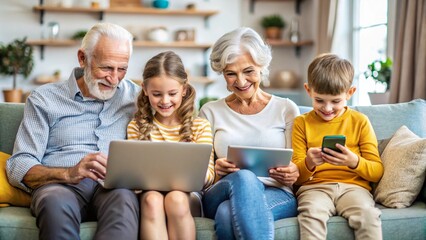 Happy grandparents with grandchildren girl and boy sitting on sofa using modern laptop and smartphones together. Smiling seniors resting on the couch at home with kids enjoying weekend. 