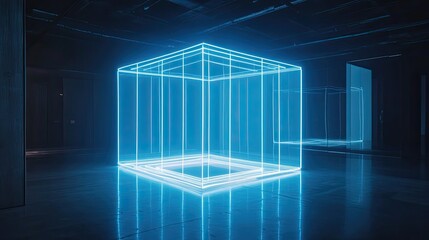 Poster - A Blue Neon Cube Glows In A Dark Room