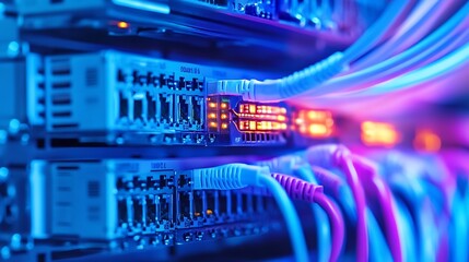 Poster - Network Hub with Glowing Fiber Optic Cables