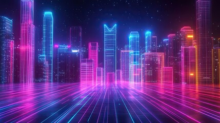 Poster - Neon Cityscape with Glowing Lines and a Starry Sky