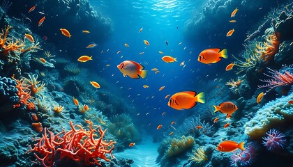 In the blue ocean, colorful tropical fish shuttle among the corals, creating a peaceful and beautiful underwater world.