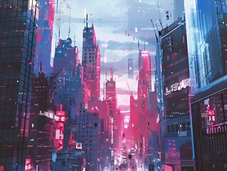 Wall Mural - Illustration of A trendy metropolis in the midst of digital destruction, skyscrapers glitching and pixelating into the sky. Ai Generate.
