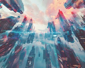 Wall Mural - Illustration of A trendy metropolis in the midst of digital destruction, skyscrapers glitching and pixelating into the sky. Ai Generate.
