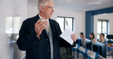 Poster - Mature man, teacher and students in whiteboard for information technology lesson in high school. People, professor and pupils in classroom for education, teaching and learning with knowledge