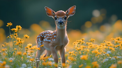 Cute Fawn Standing in a Field of Yellow Flowers - Realistic Image