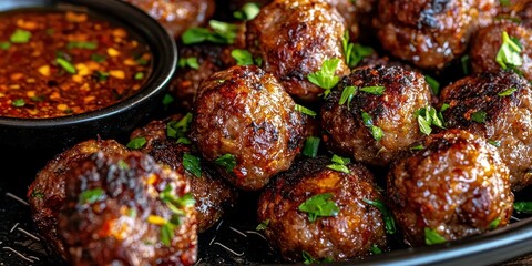 Wall Mural - Close Up of Delicious Grilled Meatballs with Sweet Chili Sauce