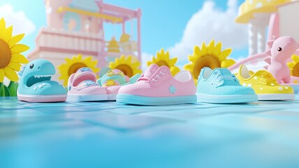 Colorful children's shoes in a playful setting with bright sunflowers and a sunny sky, perfect for fun and summer vibes.