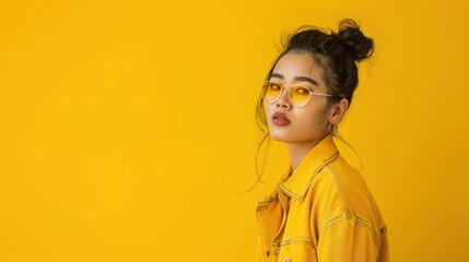 Wall Mural - Stylish Asian Woman Showing Modern Urban Fashion on Bright Yellow Background. ai generated image