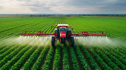 Expansive Green Fields and Modern Tractor Spraying Pesticides on Farmland