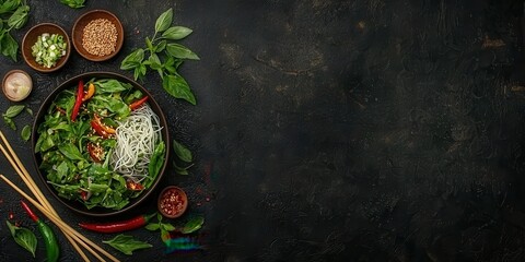 Wall Mural - Glass Noodles Salad with Basil and Chili Peppers on Black Background