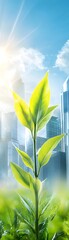 Wall Mural - Green sprout growing in front of cityscape.