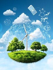 Sticker - Green energy, connected world, renewable resources, wind turbine, solar panels, trees, grass, clouds, blue sky.