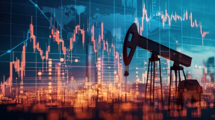 Sticker - Oil Rig Silhouette with Stock Market Data and World Map Overlay