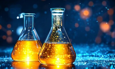 Wall Mural - Glowing Beakers in Advanced Science Laboratory with Sparkling Bokeh Background