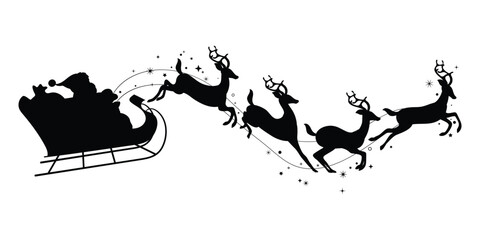 Poster - Santa Claus on sleigh flying sky with reindeers black vector silhouette on white background. illustration design for winter holiday decoration, Christmas greeting card and Happy new year.