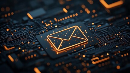 Digital email icon with sparkling effects on a dark, technology-themed background