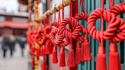 Vibrant Red Tasseled Ornaments Adorning Wooden Doorways in Traditional Chinese Architecture