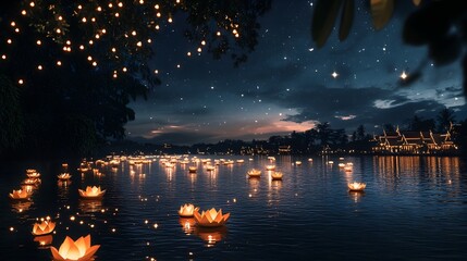 Poster - Dreamy and ethereal Loy Krathong festival scene with krathongs floating down the tranquil river surrounded by glowing lanterns and sparkling stars in the night sky above