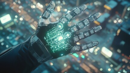 Canvas Print - Futuristic Robotic Hand with Glowing Circuitry and City Lights in the Background