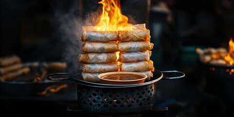 Crispy Fried Spring Rolls Cooking in a Street Food Stall