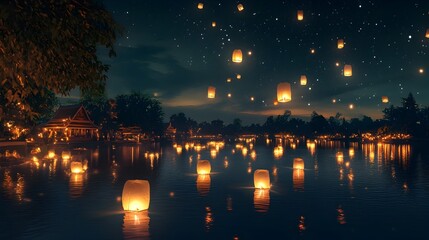 Poster - A serene and captivating Loy Krathong festival night with glowing krathongs floating gently on the river sparkling stars twinkling in the night sky
