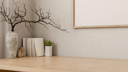 A product display space on a wooden tabletop featuring a minimal rustic vase with decorative objects