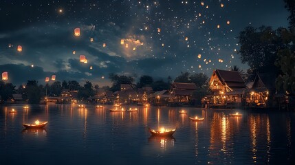Poster - A tranquil village by the river during the Loy Krathong festival where krathongs float gently on the water under a sky filled with sparkling stars and glowing lanterns