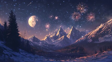 Breathtaking mountain scene with a full moon and sparkling stars in the night sky as colorful fireworks burst and illuminate the serene landscape in a mesmerizing display to welcome the new year