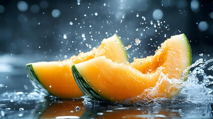 Fresh Cantaloupe Melon Slices in Water Splash