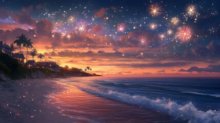 Poster - A tranquil seaside view with a sky full of sparkling stars and fireworks as waves gently lap the shore welcoming the new year in a peaceful dreamy way