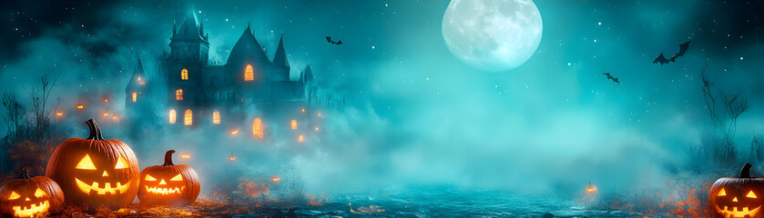 Wall Mural - Spooky Halloween Night with Jack O Lanterns Haunted House Full Moon and Bats