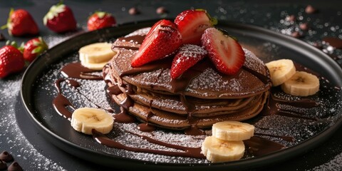 Sticker - Chocolate Pancake with Strawberry and Banana on a Black Table