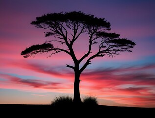 Silhouette of a cypress tree against the sky at sunset, with colorful clouds in pink and purple hues Generative AI (1)