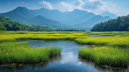 Wall Mural - Yellow Flowers Bloom Along River with Majestic Mountains