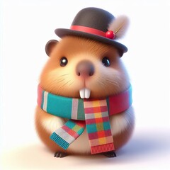 Wall Mural - cute 3d fluffy capybara character with colorful style scarf, white background, new year theme