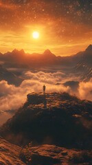 Poster - Majestic Apollo the greek god of the sun stands tall and proud on a dreamy mountaintop bathed in a glowing golden light as the sun sets and the stars begin to sparkle in the night sky above