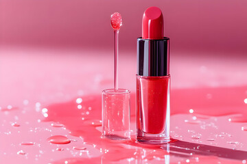 Red Lipstick and Lip Gloss on Pink Background with Water Drops